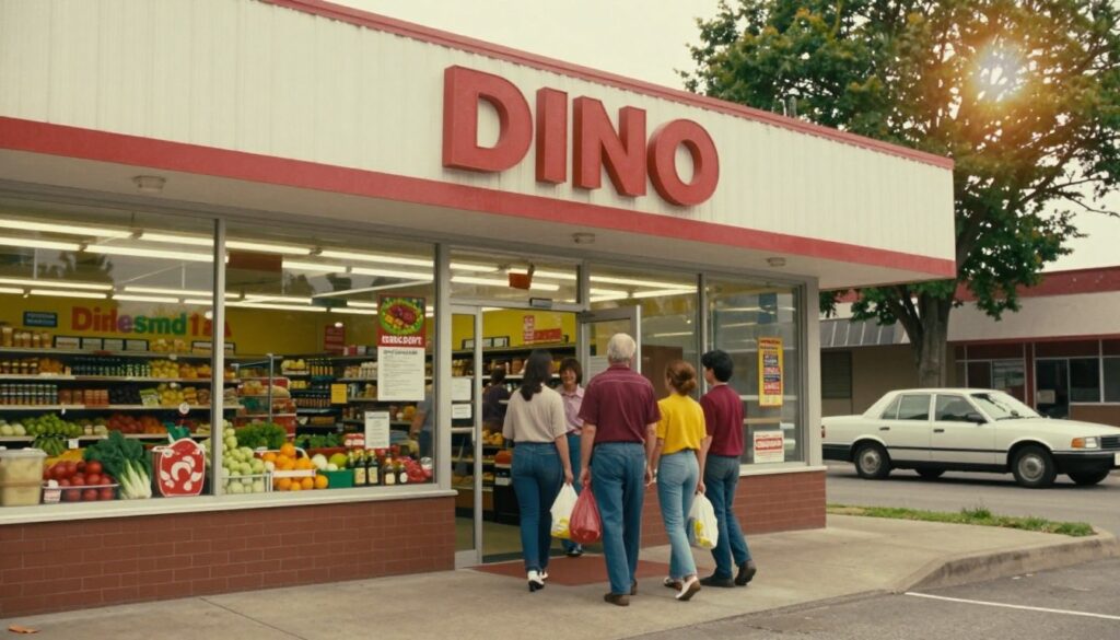 A vintage 1999 scene depicting the first Dino supermarket, showcasing its classic exterior and welcoming entrance. In the foreground, the store’s large glass windows display fresh produce and vibrant marketing materials typical of the late 90s. The middle ground features a cheerful family, dressed in modest casual clothing, entering the store with shopping bags, portraying a sense of community and warmth. The background includes a simple urban street lined with trees and 90s-era cars parked alongside. Soft, warm lighting illuminates the scene, capturing the nostalgia of the time, with a slight lens flare effect to enhance the inviting atmosphere. The overall mood is friendly and nostalgic, evoking the beginnings of a beloved supermarket chain. A vintage 1999 scene depicting the first Dino supermarket, showcasing its classic exterior and welcoming entrance. In the foreground, the store’s large glass windows display fresh produce and vibrant marketing materials typical of the late 90s. The middle ground features a cheerful family, dressed in modest casual clothing, entering the store with shopping bags, portraying a sense of community and warmth. The background includes a simple urban street lined with trees and 90s-era cars parked alongside. Soft, warm lighting illuminates the scene, capturing the nostalgia of the time, with a slight lens flare effect to enhance the inviting atmosphere. The overall mood is friendly and nostalgic, evoking the beginnings of a beloved supermarket chain.