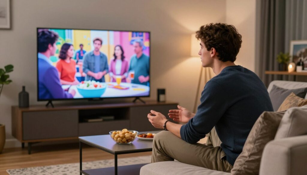 A young man, representing Dominik Abus, sits comfortably in a modern living room, focused on a large television screen showing a vibrant scene from a popular show. He is dressed in smart casual attire, with a relaxed yet engaged expression on his face. Surrounding him are stylish furnishings, including a cozy sofa adorned with cushions, a sleek coffee table with snacks, and soft ambient lighting creating a warm atmosphere. In the background, hints of personal items and framed photos suggest a glimpse into his private life. The image is captured from a slightly angled perspective, emphasizing the interaction between Dominik and the television, evoking curiosity about his life beyond the screen.