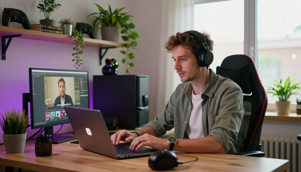 Adrian Czakon, a young and dynamic content creator known for his engaging YouTube channel JockerFarm, is depicted in a cozy yet modern home office setting. In the foreground, Adrian is sitting comfortably at a stylish desk adorned with gaming gear and colorful lighting, wearing casual yet neat attire. He has a thoughtful expression as he interacts with a laptop, showcasing the creative process behind his videos. The middle ground features shelves filled with plants, gaming memorabilia, and books that reflect his interests. In the background, a large window allows natural light to pour in, illuminating the space with a warm, inviting glow. The atmosphere is infused with creativity and inspiration, capturing the essence of a passionate YouTuber at work.
