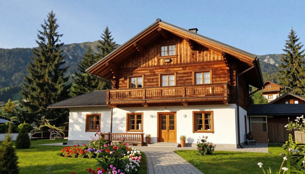 An elegant view of Adam Małysz's house in Wisła, Poland, showcasing traditional wooden architecture with rich textures and intricate details. In the foreground, a well-maintained garden with vibrant flowers and a pathway leading to the entrance. The middle ground features the house itself, its charming wooden facade harmonizing with the natural surroundings. The background reveals lush green pine trees typical of the Tatra Mountains, under a clear blue sky. Soft, warm sunlight bathes the scene, creating a serene and welcoming atmosphere. The angle captures both the architectural beauty of the house and its picturesque landscape, emphasizing the tranquility of the location. The overall mood is peaceful and nostalgic, reflecting the legacy of a ski jumping legend in this beautiful setting.